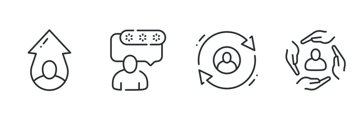 Business growth and communication icons featuring arrows and speech bubbles