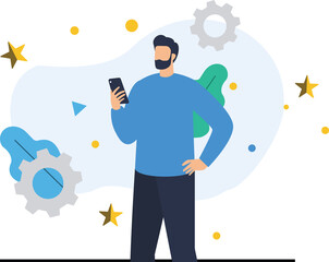 Man using smartphone with gears and stars around him