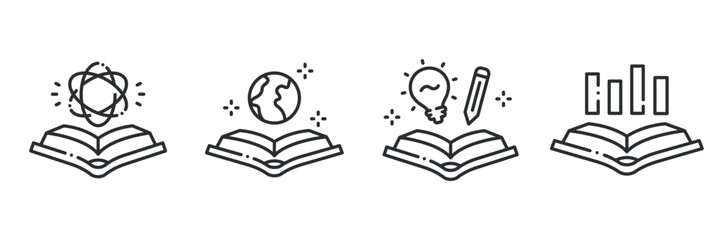 Icons of science, earth, ideas, and data over open books