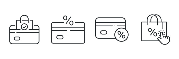 Shopping and discount icon set featuring cards and bags with percentage symbols