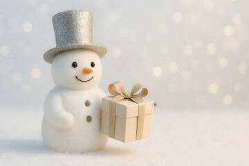 A whimsical snowman wearing a silver top hat and holding a gift box isolated on white background, spreading holiday magic, christmas