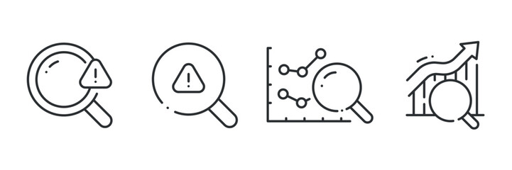 Data analysis icons: magnifying glass, alerts, graphs, and trends