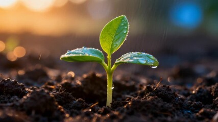 young plant sprouting from rich soil in early morning light, slow cinematic motion, perfect for world soil day