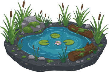 Cartoon garden pond with lily pads, rocks, moss, and cattails, peaceful natural water habitat illustration in lush green environment
