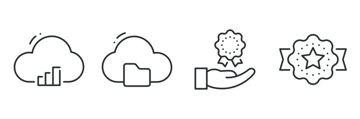 Cloud data storage and achievement award icons set in minimalist style