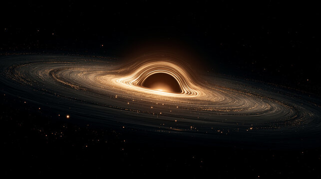 Dark cosmic space scene massive black hole swirling galaxy light distant star planet.