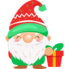 Cute Christmas Gnome Wearing A Red Hat And Green Outfit Holding A Red Gift Box With Yellow Ribbon In A Transparent Background