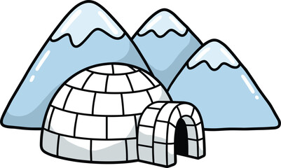 Cartoon igloo with snowy mountains in winter landscape, cute ice house in cold Arctic environment vector illustration