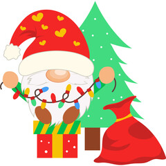 Cute Christmas Gnome Character Wearing Santa Hat Holding Colorful Lights With A Gift Box And A Christmas Tree In The Background