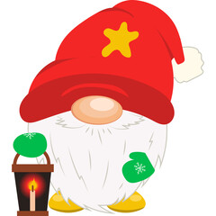 Christmas Gnome Holding Lantern And Wearing Red Hat With Yellow Star And Green Mittens White Beard Yellow Shoes Isolated On White Background Festive Holiday Character Illustration