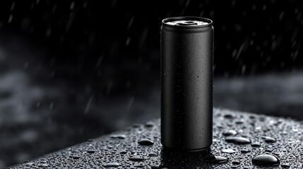 Tall Black Can with Water Droplets Standing on a Dark, Wet , Reflecting Light in a Monochrome Setting
