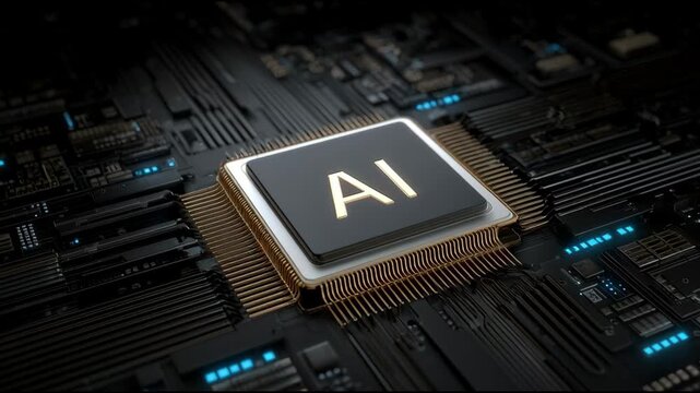 Futuristic AI artificial intelligence processor glowing on circuit board powerful technology concept for advanced machine learning, data processing, and innovation in future computing