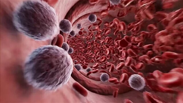Blood Flow Through Artery with Red Blood Cells and White Cells or Cancer Cells Medical 3D Animation