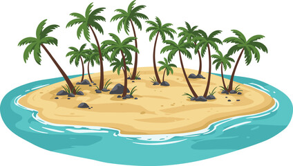 Tropical island with palm trees and blue ocean waves surrounding sandy beach in summer paradise cartoon vector illustration