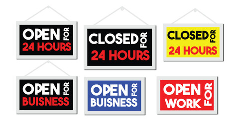 Open and Closed Sign Set – Business Hours, Work, and Service Labels in Bold Typography for Shop and Office Design