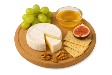Cheese wheel with soft rind, sliced wedge, grapes, fig half, crackers, walnuts, and honey on round wooden board