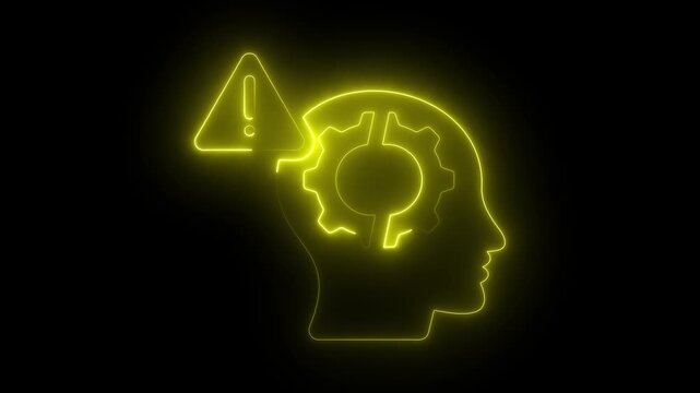 Yellow Neon Outline of Human Head with Gear and Exclamation Mark Warning Symbol Keywords: neon, technology, human head, profile, gear, cogwheel, thinking, mind, idea, concept, warning, alert