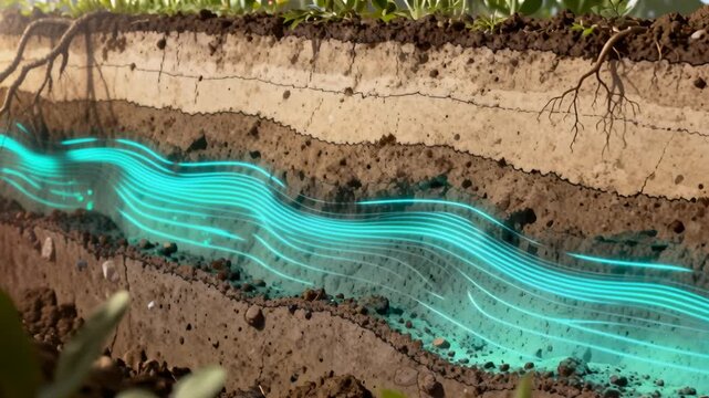 glowing lines showing moisture distribution in soil layers, scientific style, perfect for world soil day