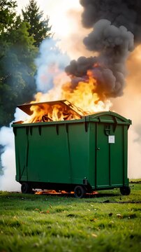 Green dumpster engulfed in flames with thick black smoke billowing upward in an outdoor grassy environment during daytime.