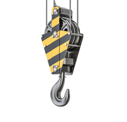 Industrial Hook: A close-up view of an industrial hook, suspended by sturdy cables. The robust metal of the hook glistens with a metallic sheen, showcasing its strength and utility.