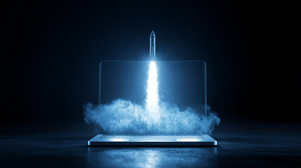 Open laptop rocket launch screen digital innovation startup success.