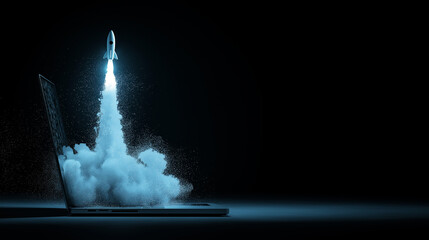 Open laptop rocket launch screen digital innovation startup success.