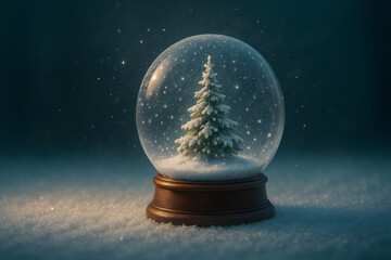 A serene snow globe with a frosted tree, capturing the quiet beauty and peaceful essence of a winter snowfall, christmas