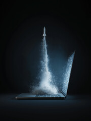 Open laptop rocket launch screen digital innovation startup success.