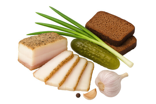Assorted deli ingredients including pork belly, sliced pork, pickles, dark rye bread, green onions, and garlic on transparent background