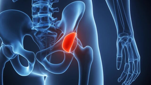 Human hip joint anatomy in blue with highlighted acetabulum for medical visualization
