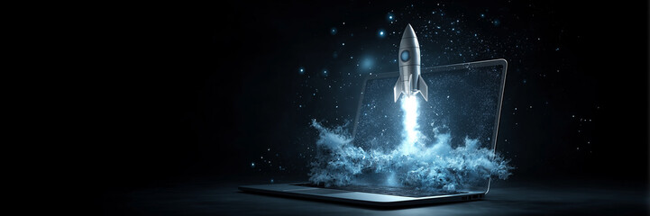 Open laptop rocket launch screen digital innovation startup success banner.