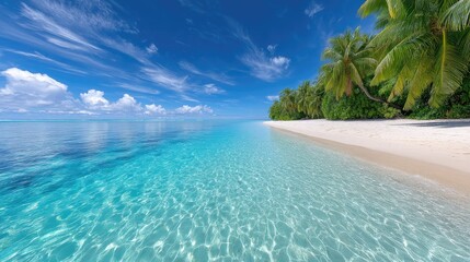 Turquoise Tropical Ocean Water With Palm Trees Arching Over A White Sand Beach Under A Clear Blue Sky With Wispy Clouds