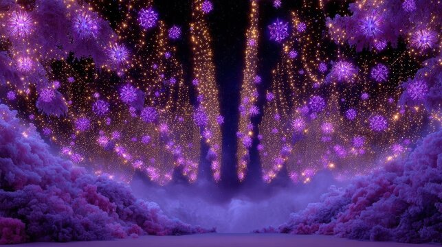 Beautiful night scene with a dark background. the sky is filled with pink and purple fireworks exploding in the air, creating a dazzling display of light and color. - Powered by Adobe