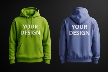 High-quality hoodie mockup in green and blue colors on a black background, perfect for apparel design, branding, and eCommerce previews.

