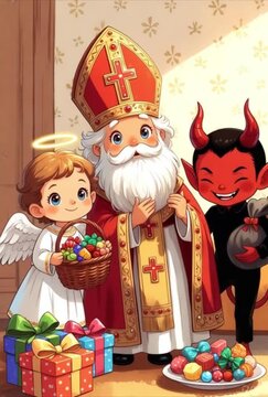 Saint Nicholas with an angel and a little red devil. Czech tradition of Mikulas. Style of a fairy tale collection, seasonal marketing.