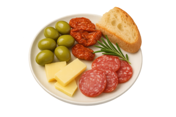 Plate with green olives, sun-dried tomatoes, sliced salami, buttered cheese, rosemary, and bread slice
