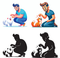 Set of vector and shilhouttes images of men and cats on a white background