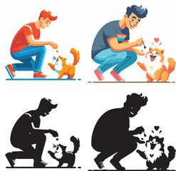 Set of vector and shilhouttes images of men and cats on a white background