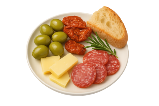 Plate with green olives, sun-dried tomatoes, sliced salami, buttered cheese, rosemary, and bread slice