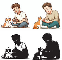 Set of vector and shilhouttes images of men and cats on a white background