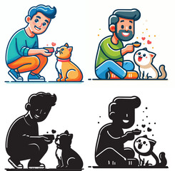 Set of vector and shilhouttes images of men and cats on a white background