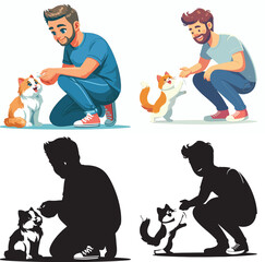 Set of vector and shilhouttes images of men and cats on a white background