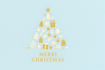A golden christmas tree made of christmas ornaments on a light blue background with merry christmas text, christmas