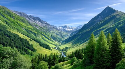 Obraz premium Majestic Mountain Valley With Lush Green Trees Snow Capped Peaks And Clear Blue Sky On A Sunny Day