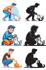 Set of vector and shilhouttes images of men and cats on a white background