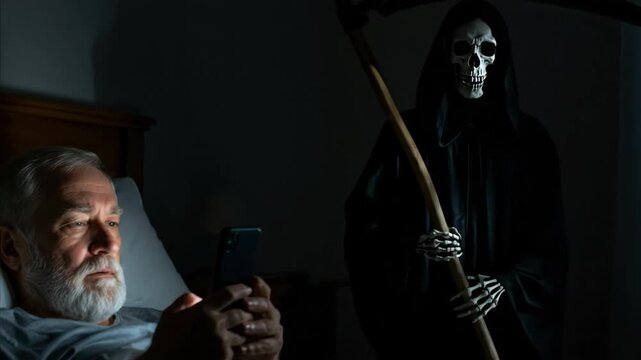 Caucasian man using phone in bed at night, unaware of the grim reaper appearing closer. Digital technology distracting from life and impending doom concept.