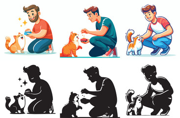 Set of vector and shilhouttes images of men and cats on a white background