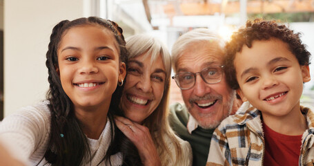 Portrait, grandparent or child in home with selfie, digital memory or bonding on weekend break....