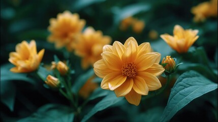 Close-up of a group of yellow flowers with green leaves. the flowers are in full bloom and appear to be a type of dahlia.