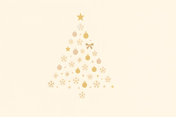 A golden christmas tree made of christmas ornaments on a cream background isolated on white background, christmas